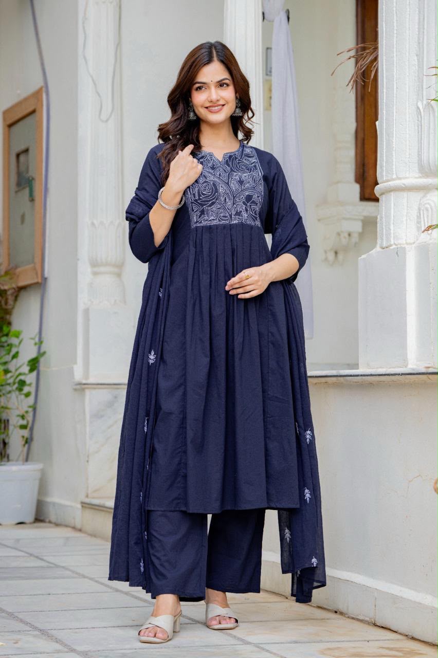 Women Navy Blue Embroidered Anarkali Kurta Pant Set with Mulmul Dupatta
