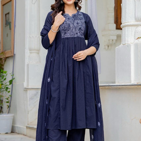 Women Navy Blue Embroidered Anarkali Kurta Pant Set with Mulmul Dupatta