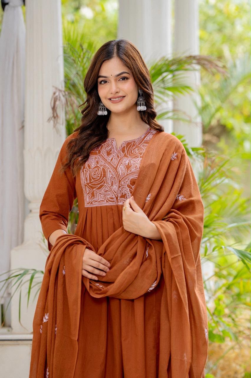 Women Rust Orange Embroidered 3 Piece Anarkali Suit with Dupatta