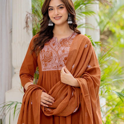 Women Rust Orange Embroidered 3 Piece Anarkali Suit with Dupatta