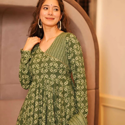 Women Olive Green 12 Kali Anarkali Cotton Kurta Palazzo Dupatta Set