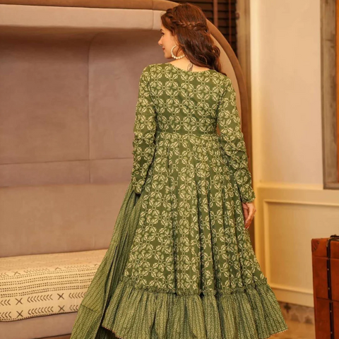 Women Olive Green 12 Kali Anarkali Cotton Kurta Palazzo Dupatta Set