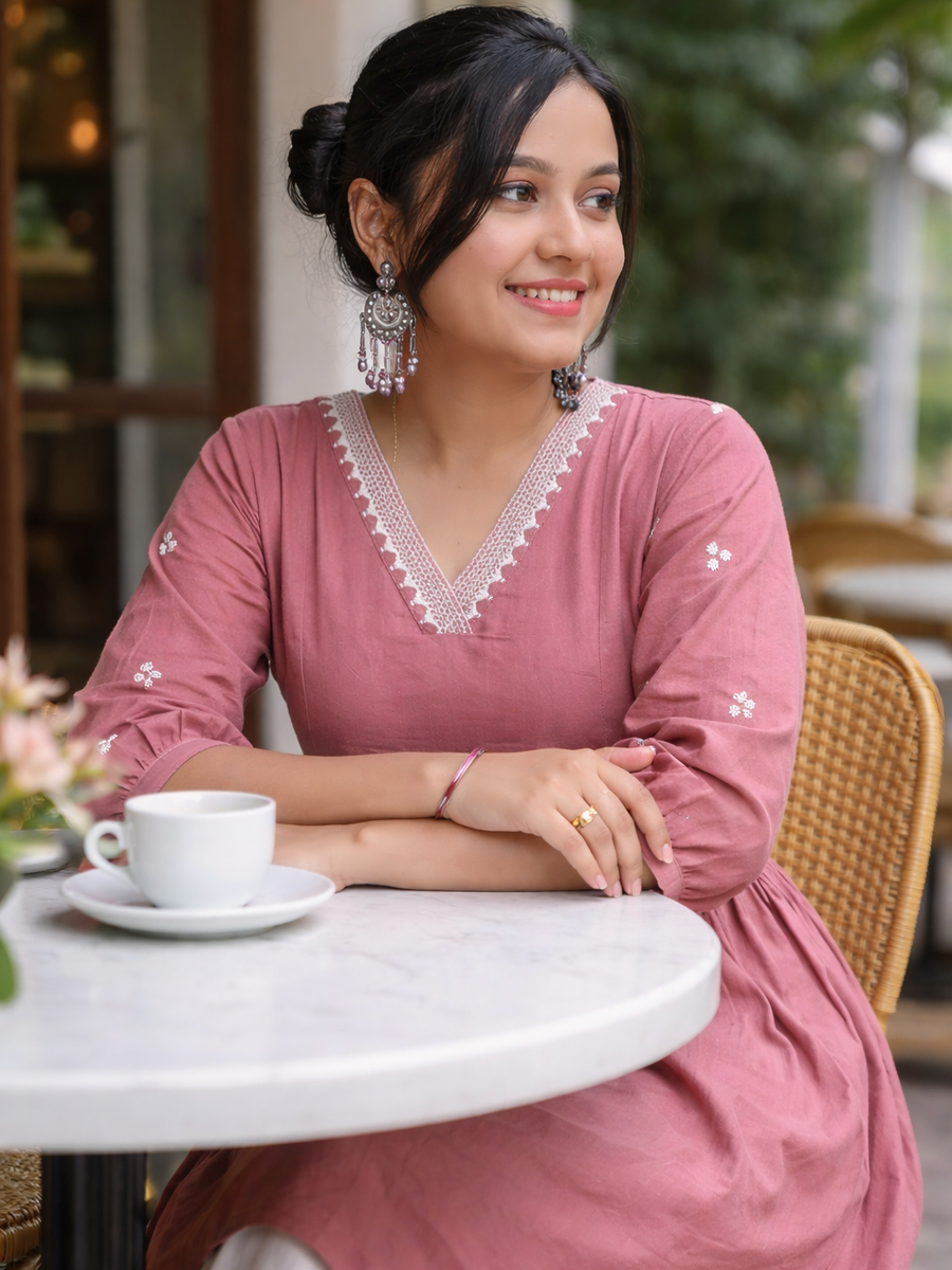 Women Light Pink Embroidered Cotton Rayon Anarkali Kurta Pant Set
