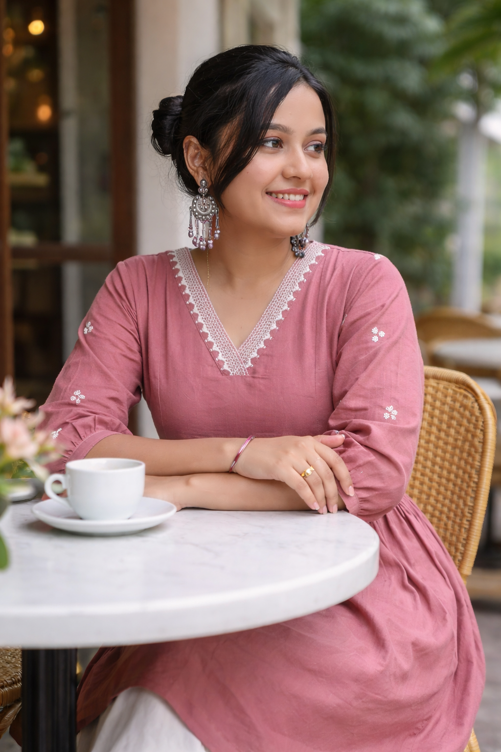 Women Light Pink Embroidered Cotton Rayon Anarkali Kurta Pant Set