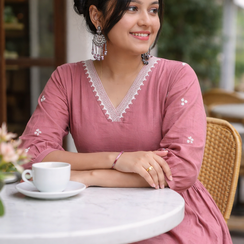 Women Light Pink Embroidered Cotton Rayon Anarkali Kurta Pant Set