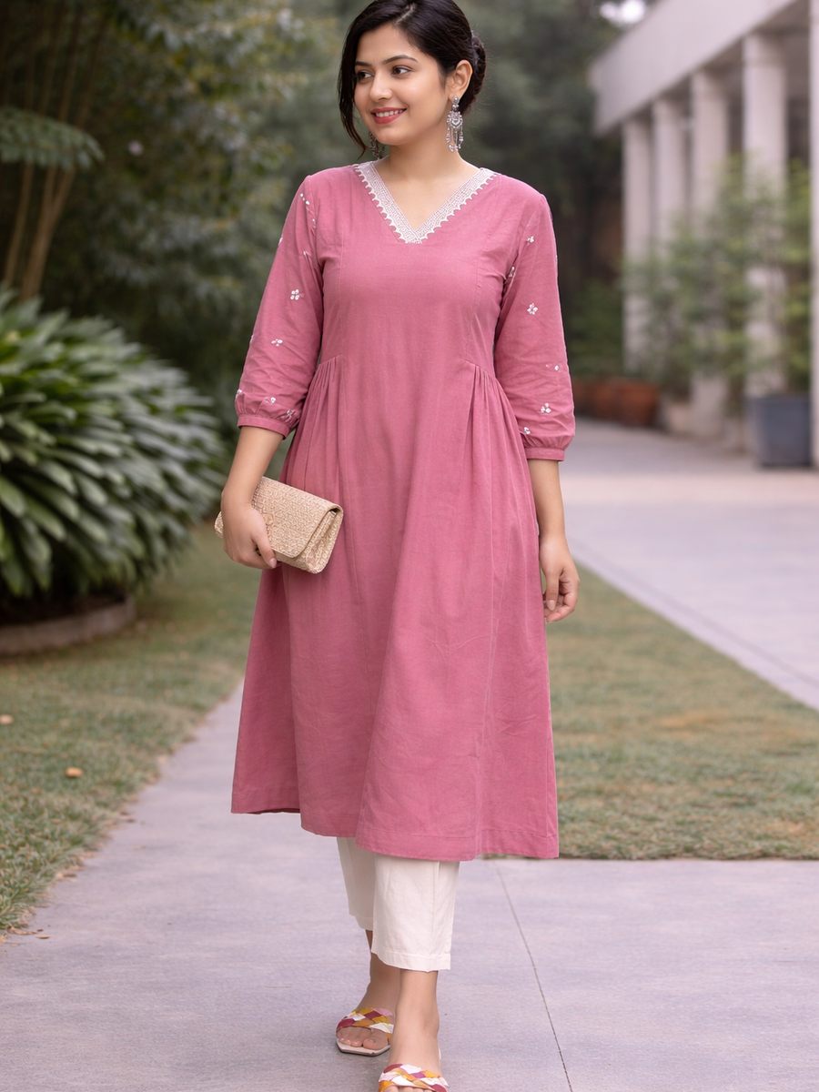 Women Light Pink Embroidered Cotton Rayon Anarkali Kurta Pant Set