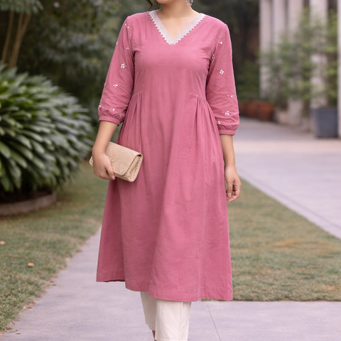Women Light Pink Embroidered Cotton Rayon Anarkali Kurta Pant Set
