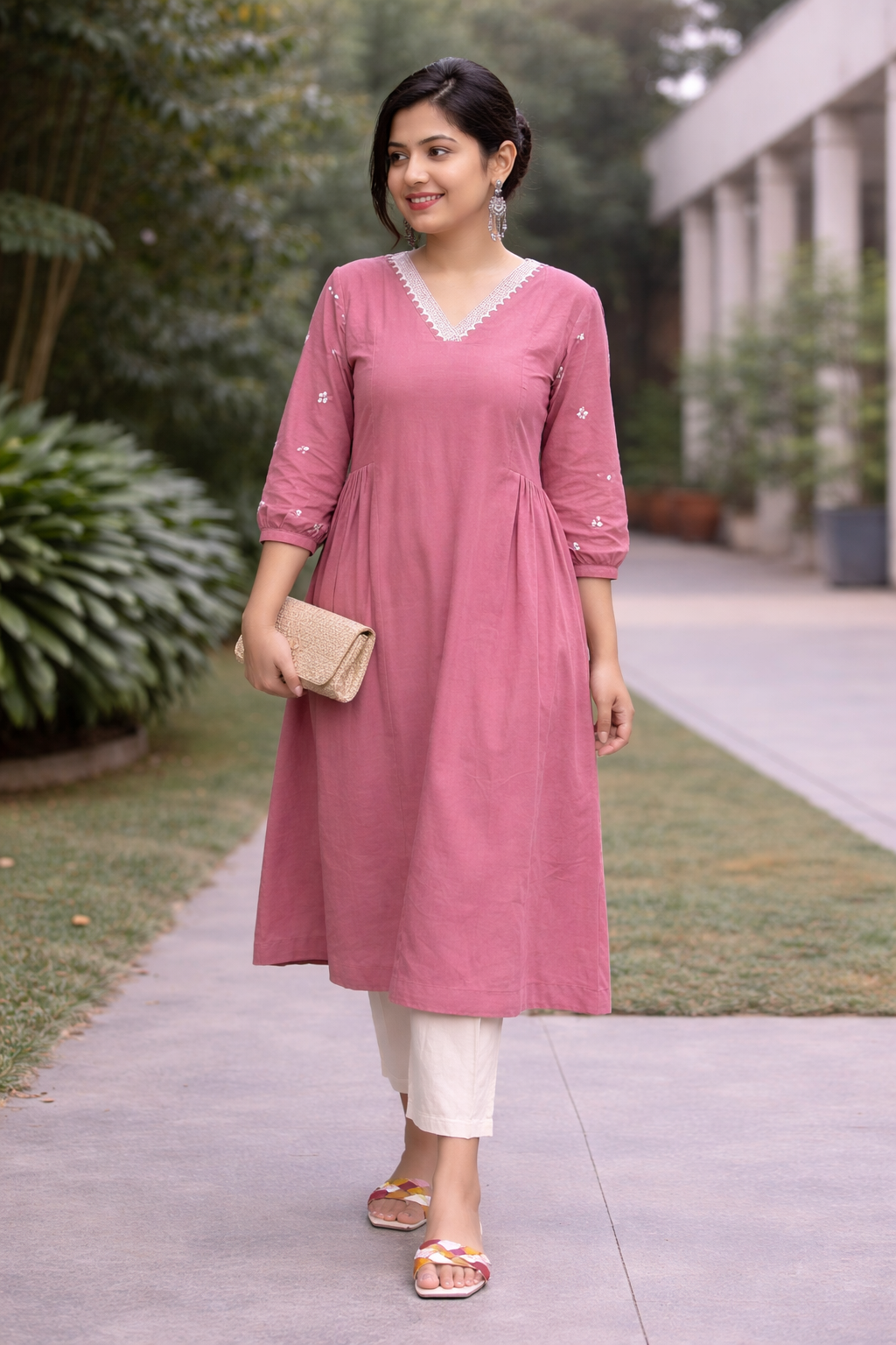 Women Light Pink Embroidered Cotton Rayon Anarkali Kurta Pant Set