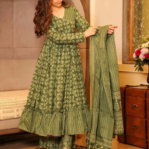 Women Olive Green 12 Kali Anarkali Cotton Kurta Palazzo Dupatta Set