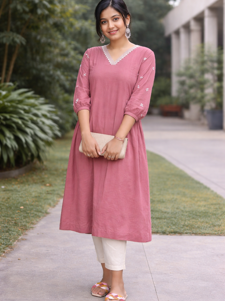 Women Light Pink Embroidered Cotton Rayon Anarkali Kurta Pant Set