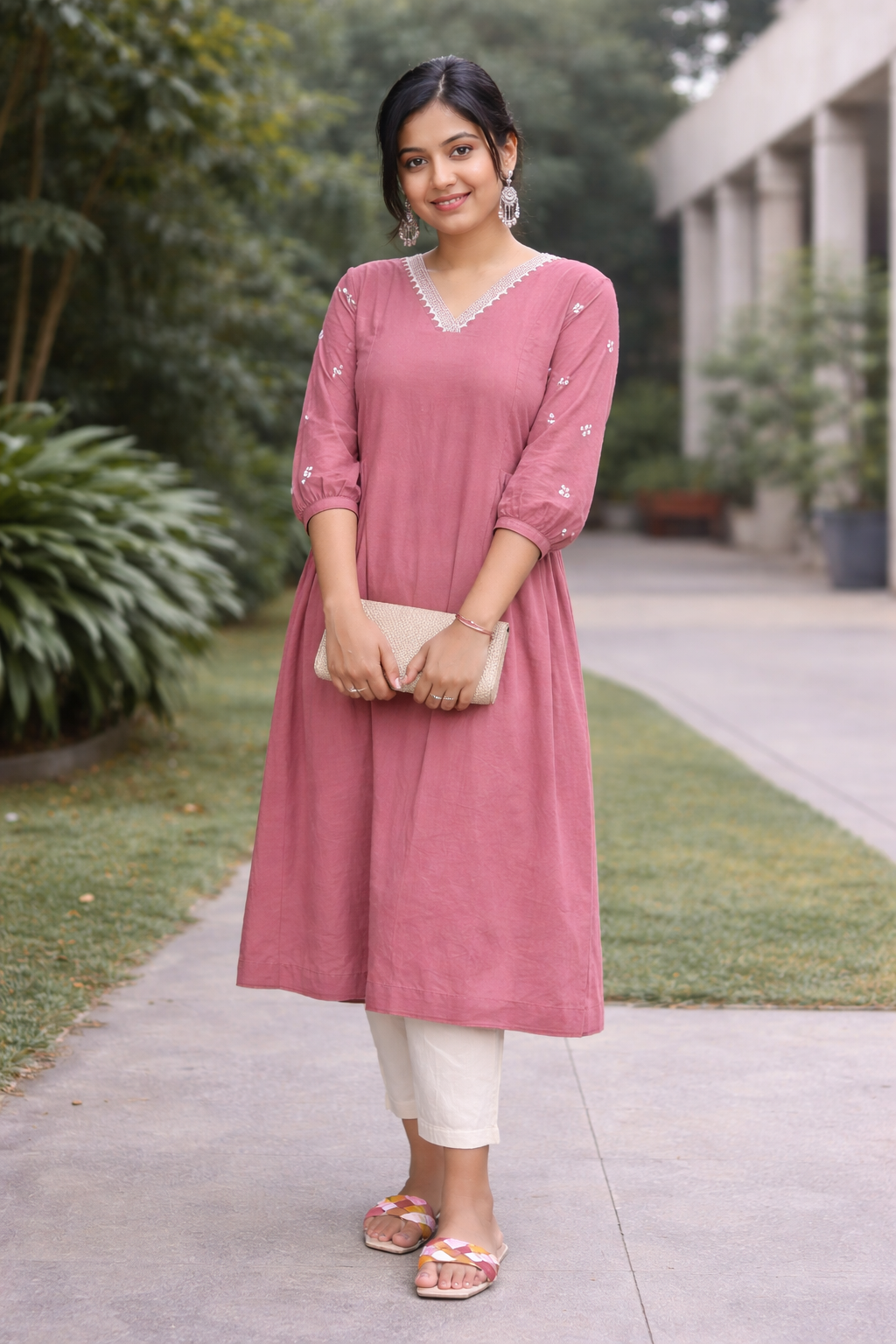 Women Light Pink Embroidered Cotton Rayon Anarkali Kurta Pant Set