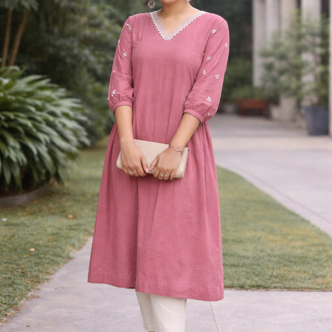 Women Light Pink Embroidered Cotton Rayon Anarkali Kurta Pant Set