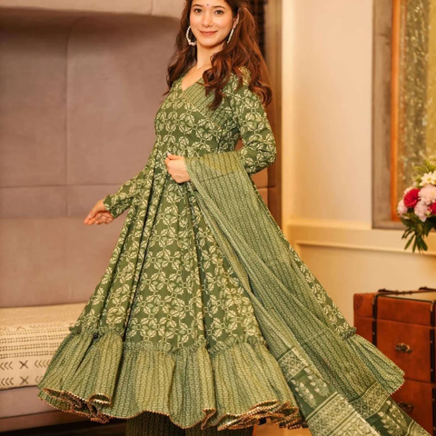 Women Olive Green 12 Kali Anarkali Cotton Kurta Palazzo Dupatta Set