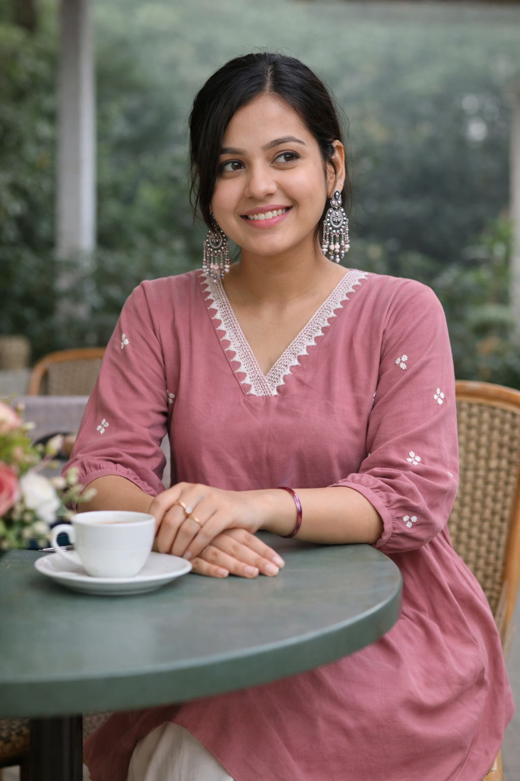 Women Light Pink Embroidered Cotton Rayon Anarkali Kurta Pant Set
