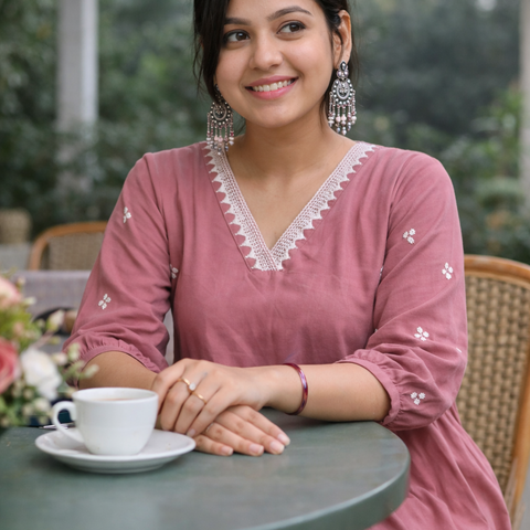 Women Light Pink Embroidered Cotton Rayon Anarkali Kurta Pant Set