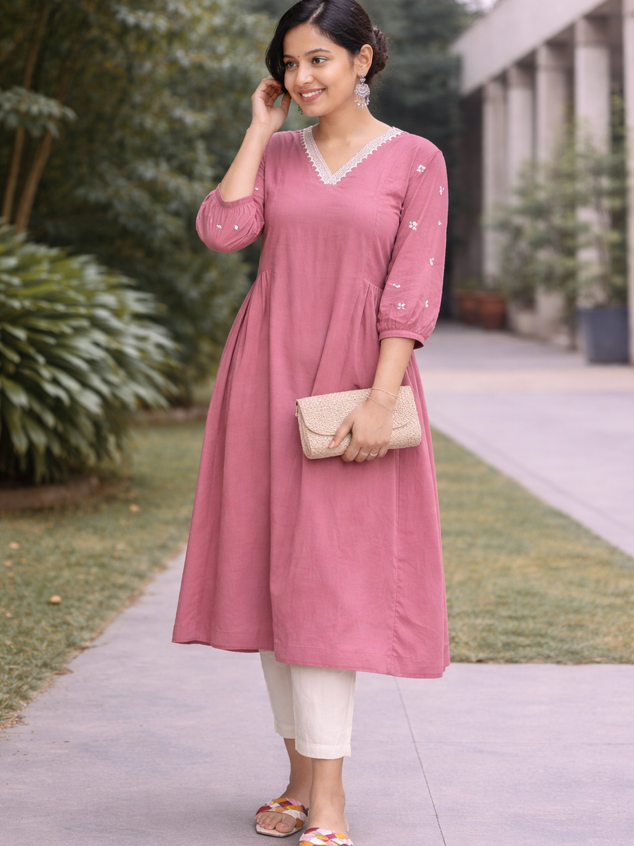 Women Light Pink Embroidered Cotton Rayon Anarkali Kurta Pant Set
