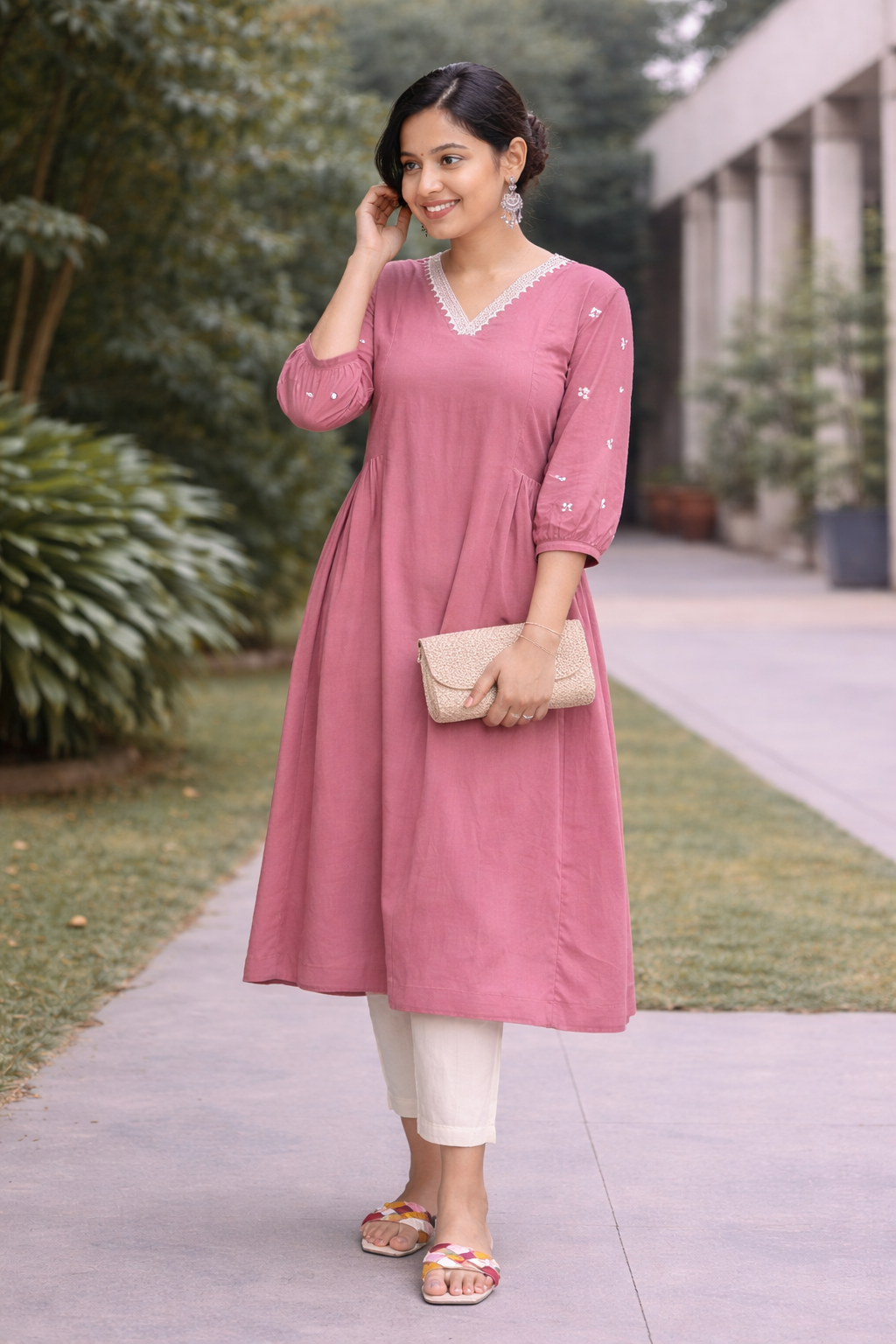 Women Light Pink Embroidered Cotton Rayon Anarkali Kurta Pant Set