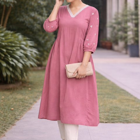 Women Light Pink Embroidered Cotton Rayon Anarkali Kurta Pant Set