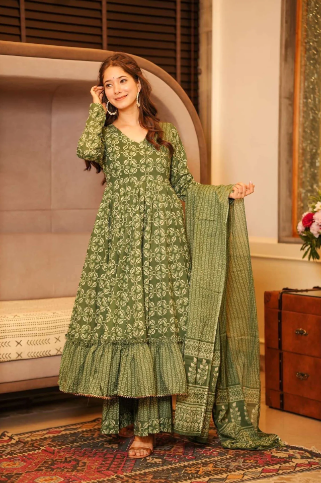 Women Olive Green 12 Kali Anarkali Cotton Kurta Palazzo Dupatta Set