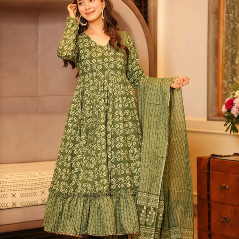 Women Olive Green 12 Kali Anarkali Cotton Kurta Palazzo Dupatta Set