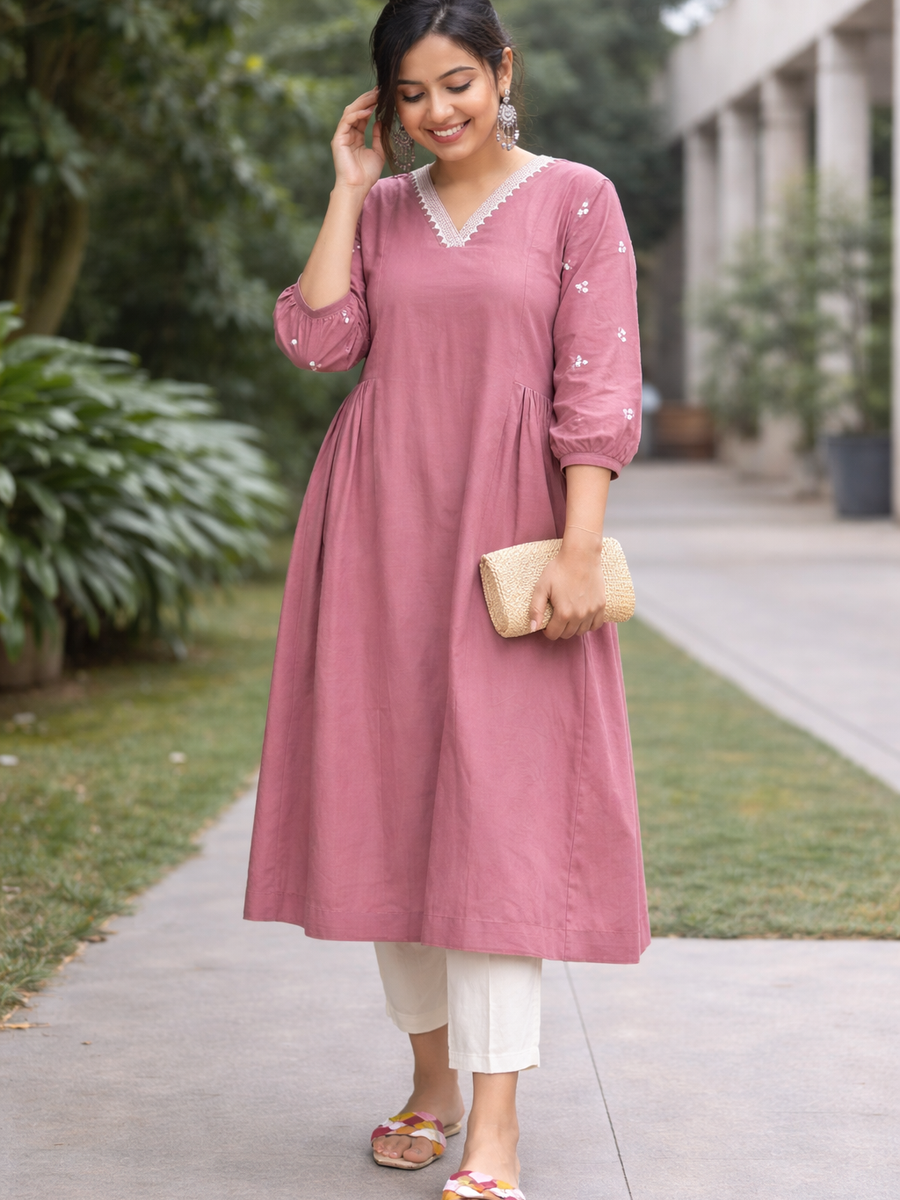 Women Light Pink Embroidered Cotton Rayon Anarkali Kurta Pant Set