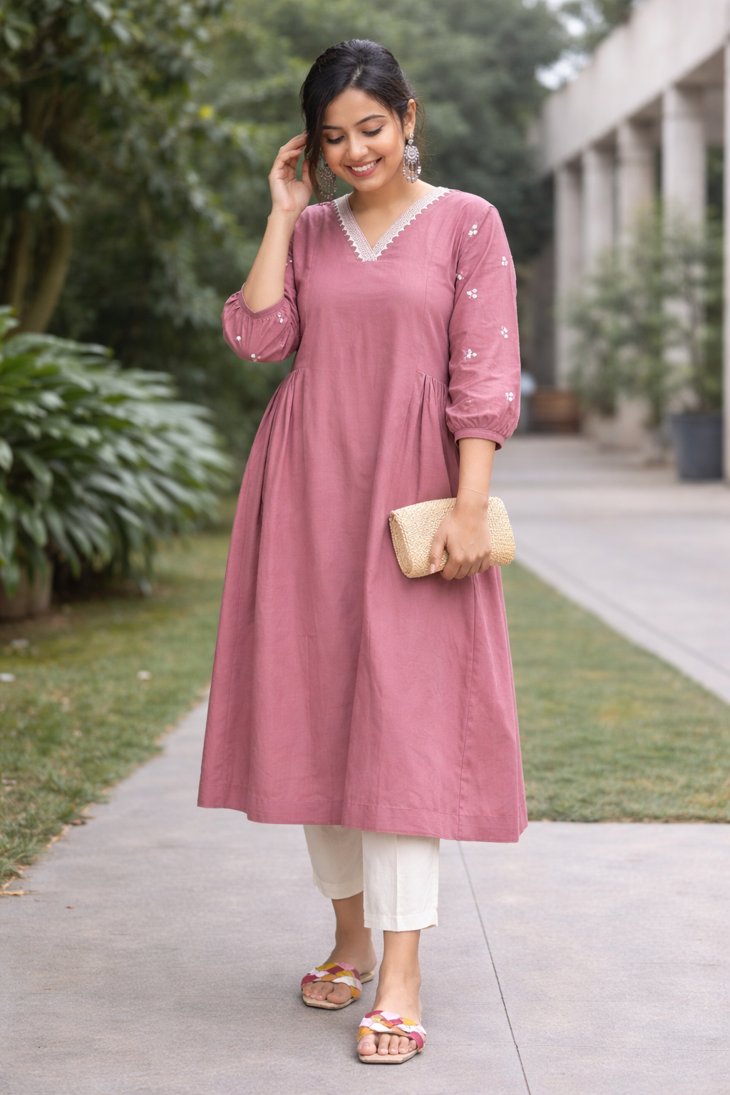 Women Light Pink Embroidered Cotton Rayon Anarkali Kurta Pant Set