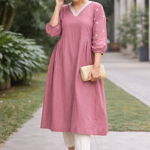 Women Light Pink Embroidered Cotton Rayon Anarkali Kurta Pant Set